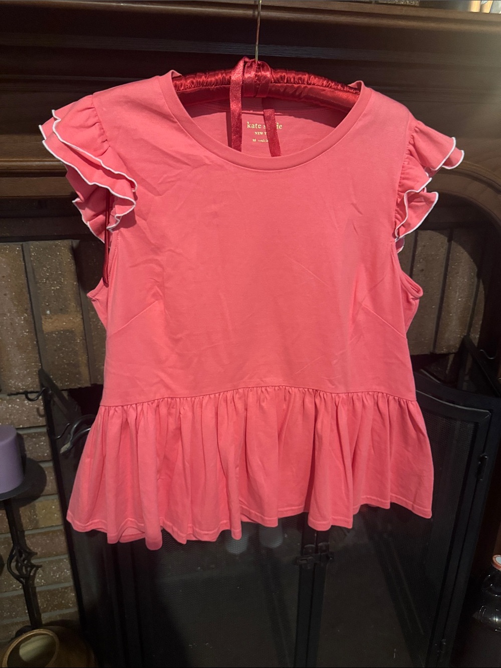 kate spade coral peplum top with white trim ruffles